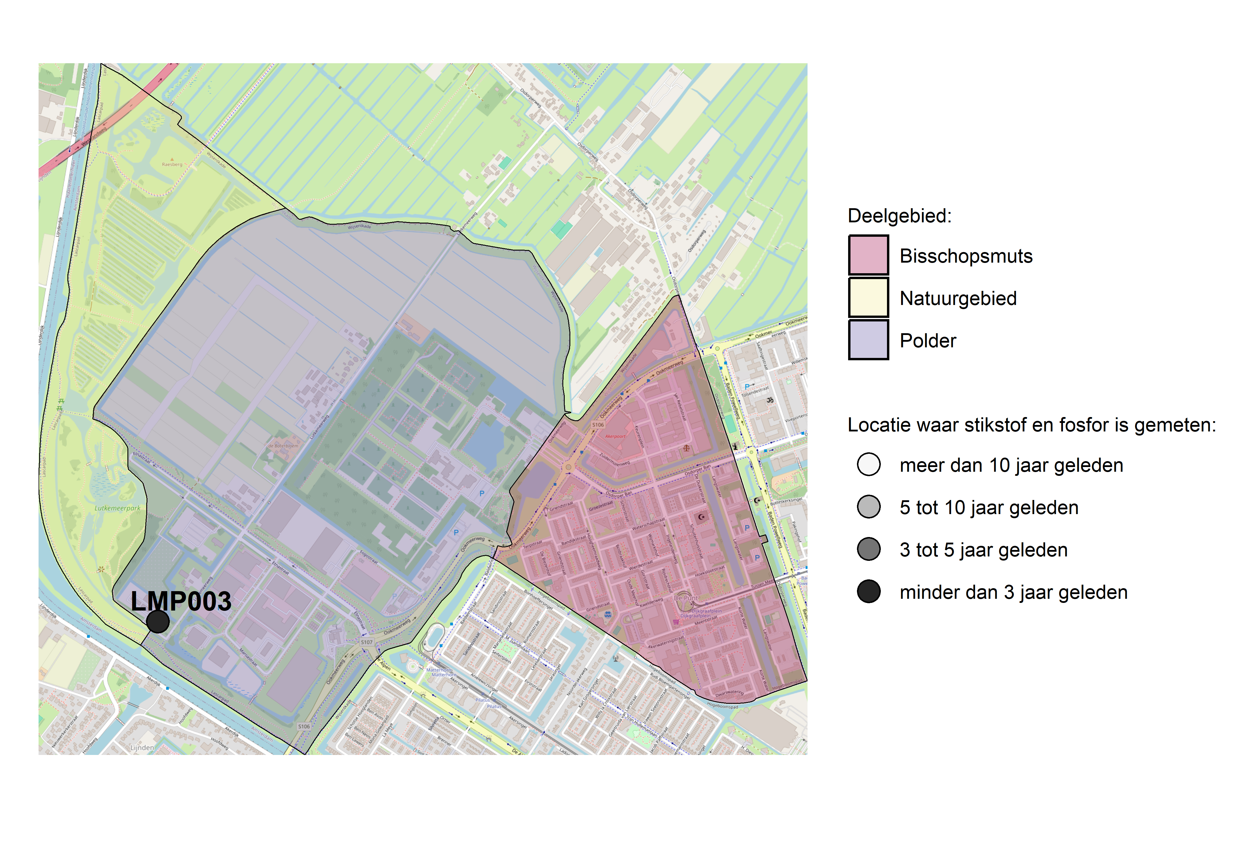 Figure 1: Kaart met meetlocaties waar stikstof en fosfor zijn gemeten. Het laatste meetjaar waarin een locatie is bemonsterd, is weergegeven in verschillende tinten grijs.