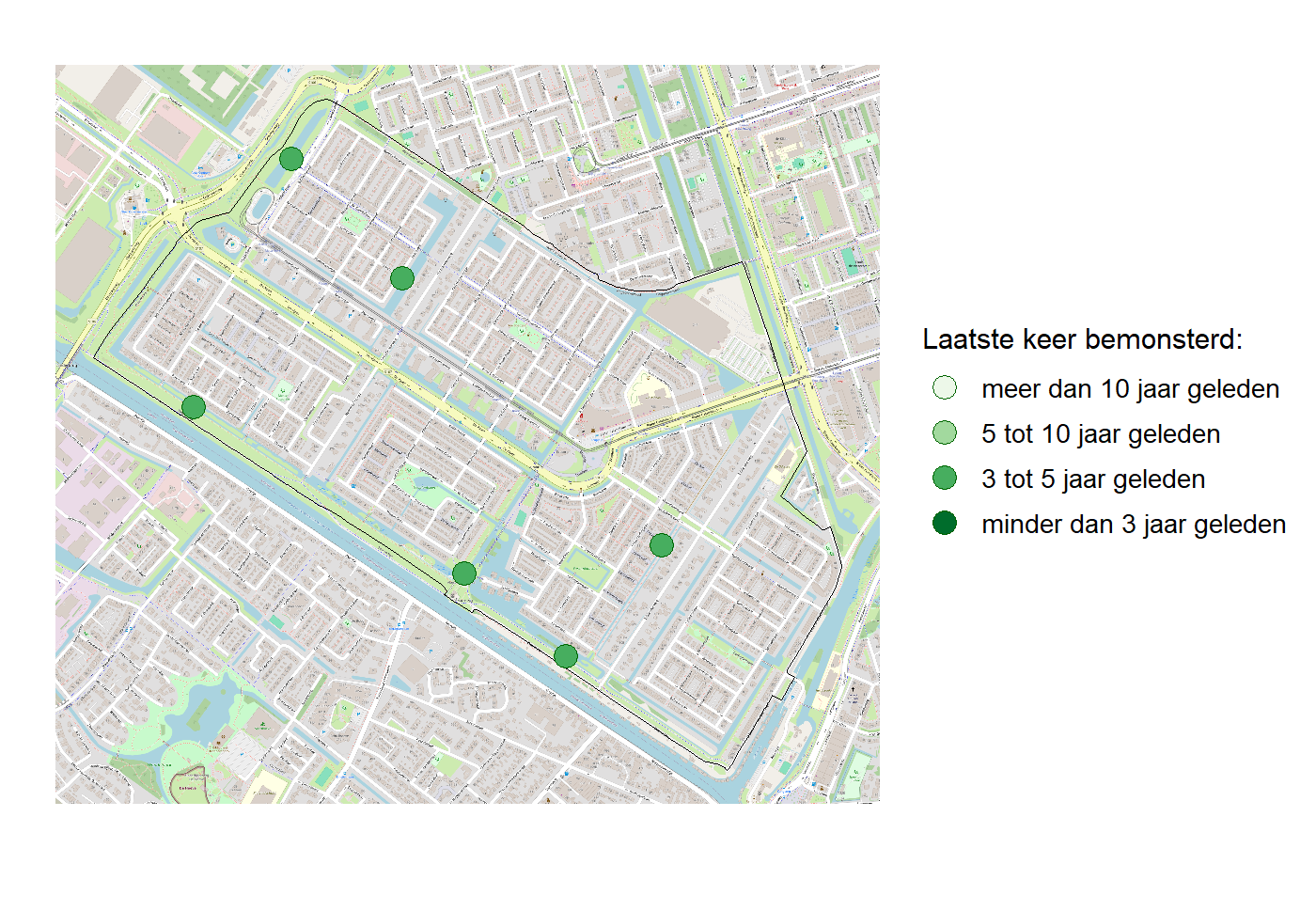 Kaart met meetlocaties waar waterplanten worden gemeten (groene stippen). Het laatste meetjaar waarin een locatie is bemonsterd is weergegeven in verschillende tinten groen.