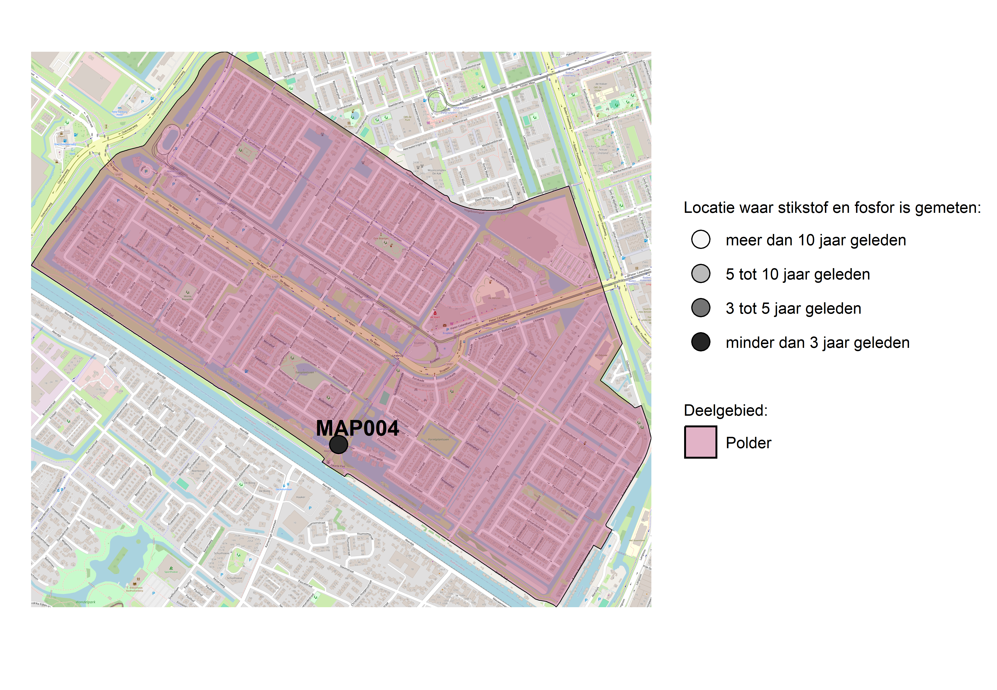 Figure 1: Kaart met meetlocaties waar stikstof en fosfor zijn gemeten. Het laatste meetjaar waarin een locatie is bemonsterd, is weergegeven in verschillende tinten grijs.