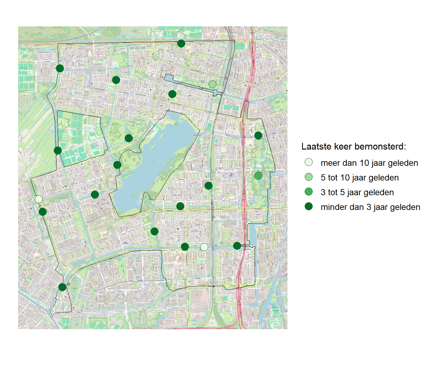 Kaart met meetlocaties waar waterplanten worden gemeten (groene stippen). Het laatste meetjaar waarin een locatie is bemonsterd is weergegeven in verschillende tinten groen.