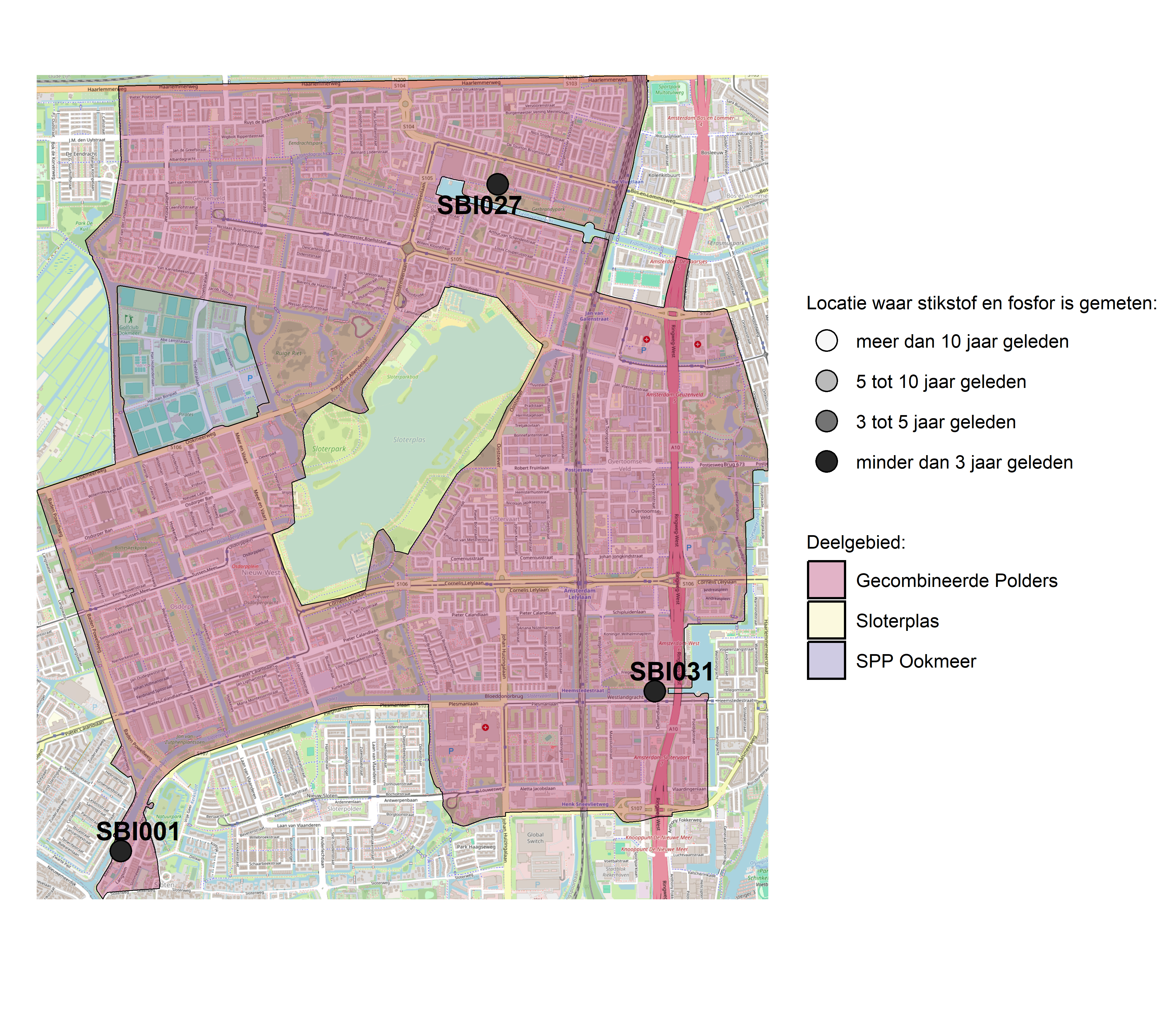 Figure 1: Kaart met meetlocaties waar stikstof en fosfor zijn gemeten. Het laatste meetjaar waarin een locatie is bemonsterd, is weergegeven in verschillende tinten grijs.