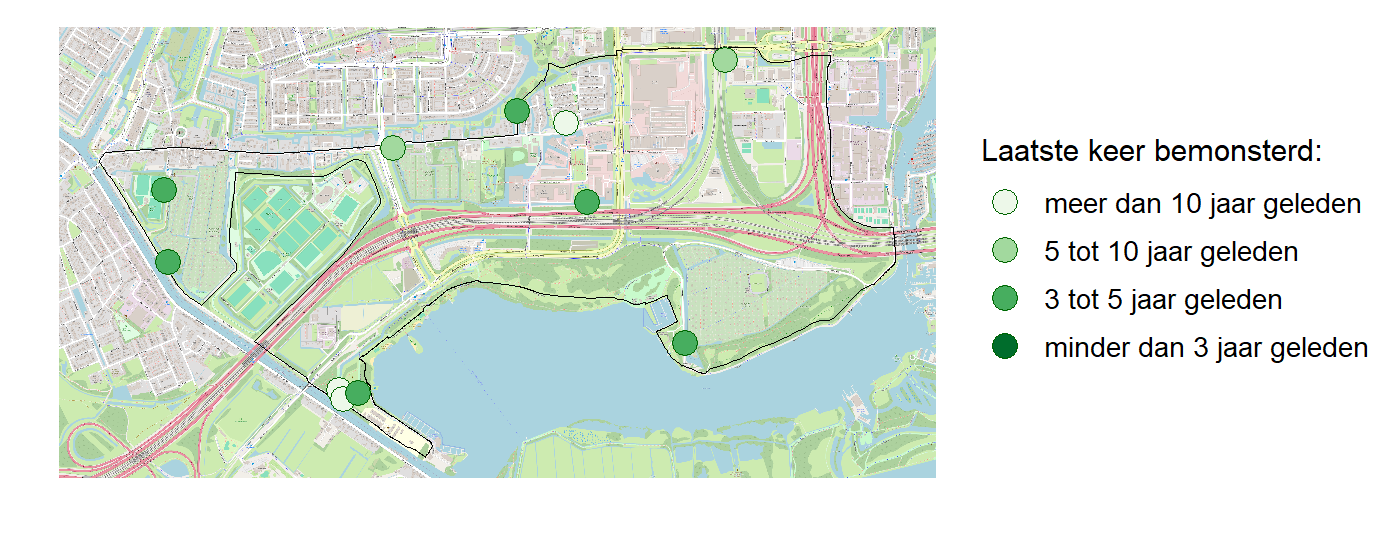 Kaart met meetlocaties waar waterplanten worden gemeten (groene stippen). Het laatste meetjaar waarin een locatie is bemonsterd is weergegeven in verschillende tinten groen.