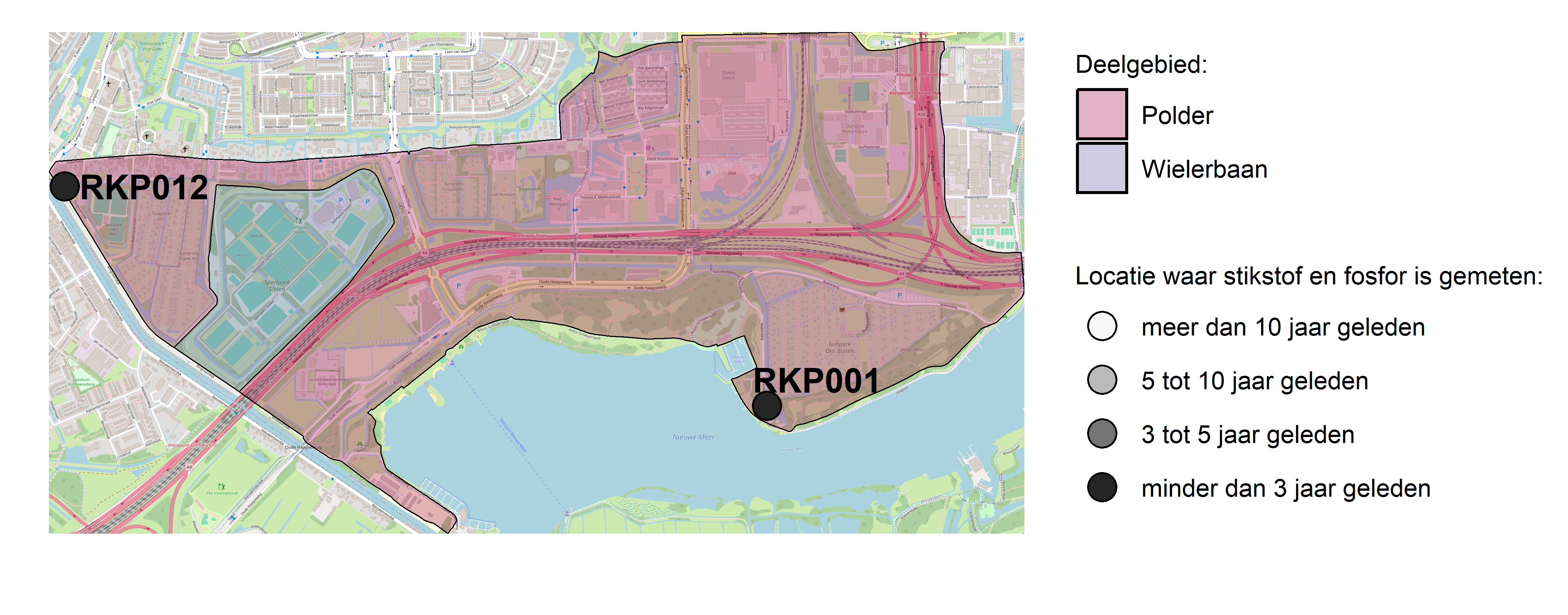 Figure 1: Kaart met meetlocaties waar stikstof en fosfor zijn gemeten. Het laatste meetjaar waarin een locatie is bemonsterd, is weergegeven in verschillende tinten grijs.