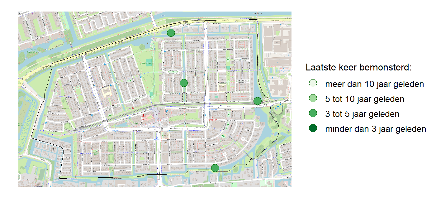 Kaart met meetlocaties waar waterplanten worden gemeten (groene stippen). Het laatste meetjaar waarin een locatie is bemonsterd is weergegeven in verschillende tinten groen.