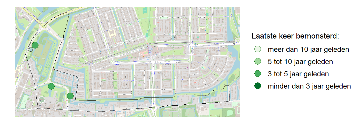 Kaart met meetlocaties waar waterplanten worden gemeten (groene stippen). Het laatste meetjaar waarin een locatie is bemonsterd is weergegeven in verschillende tinten groen.