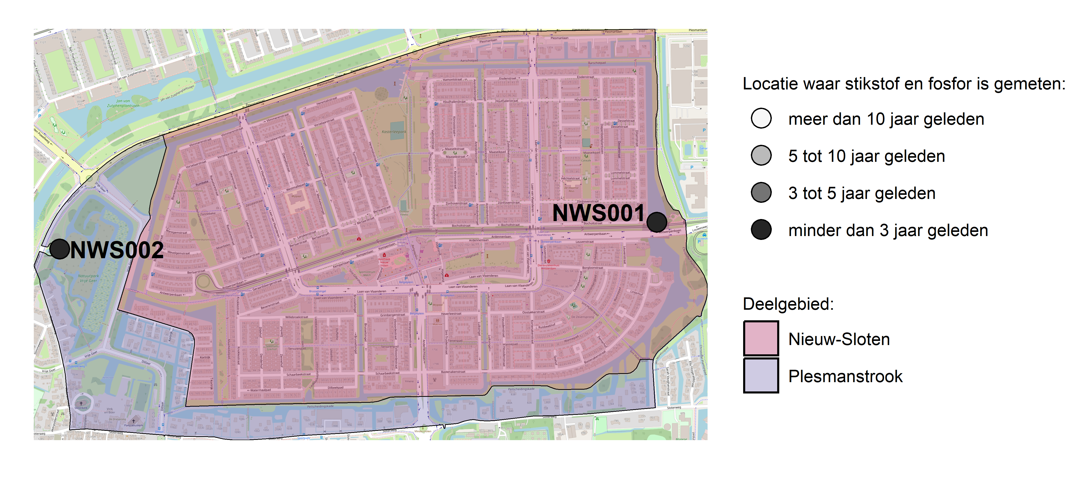 Figure 1: Kaart met meetlocaties waar stikstof en fosfor zijn gemeten. Het laatste meetjaar waarin een locatie is bemonsterd, is weergegeven in verschillende tinten grijs.