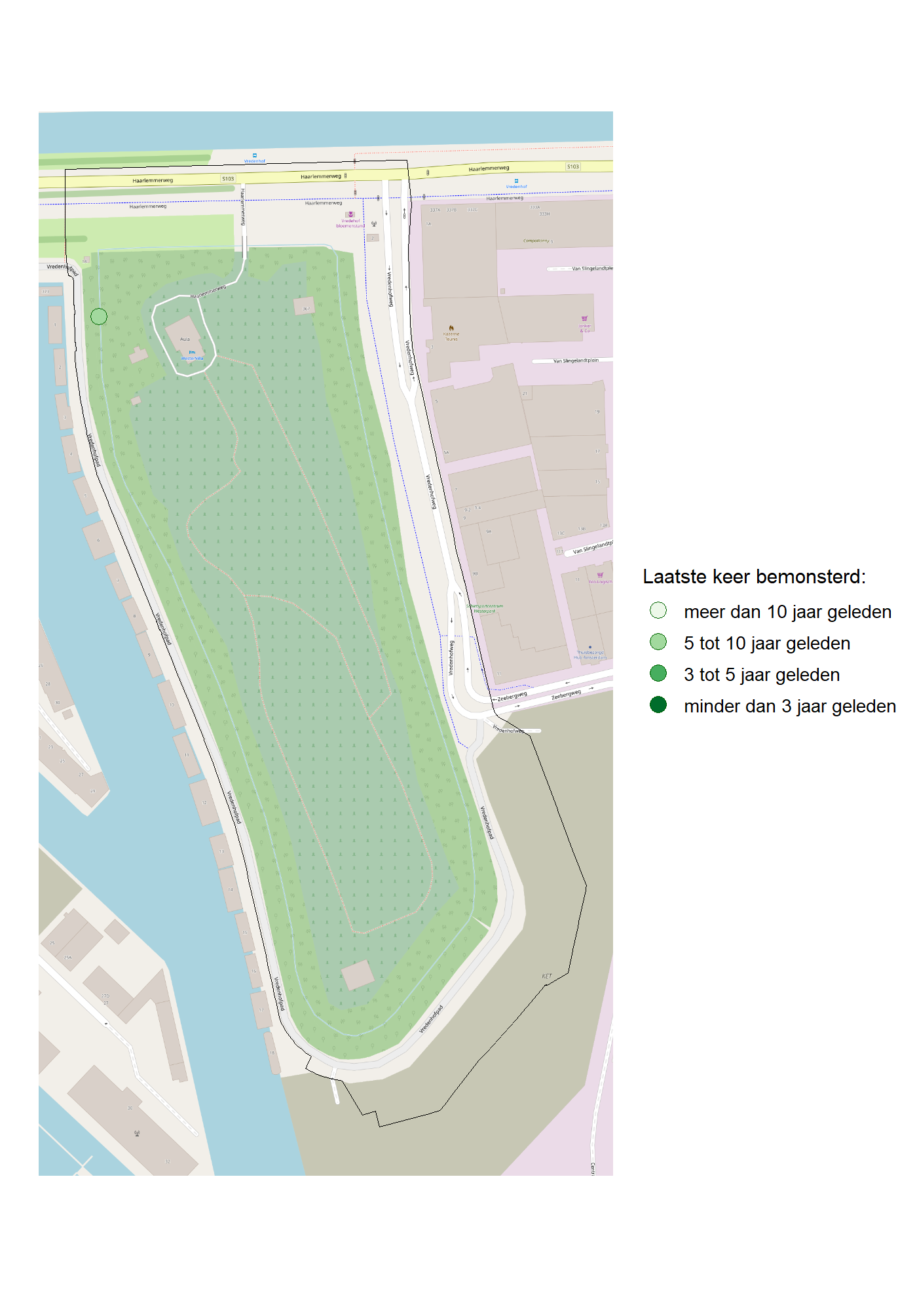 Kaart met meetlocaties waar waterplanten worden gemeten (groene stippen). Het laatste meetjaar waarin een locatie is bemonsterd is weergegeven in verschillende tinten groen.