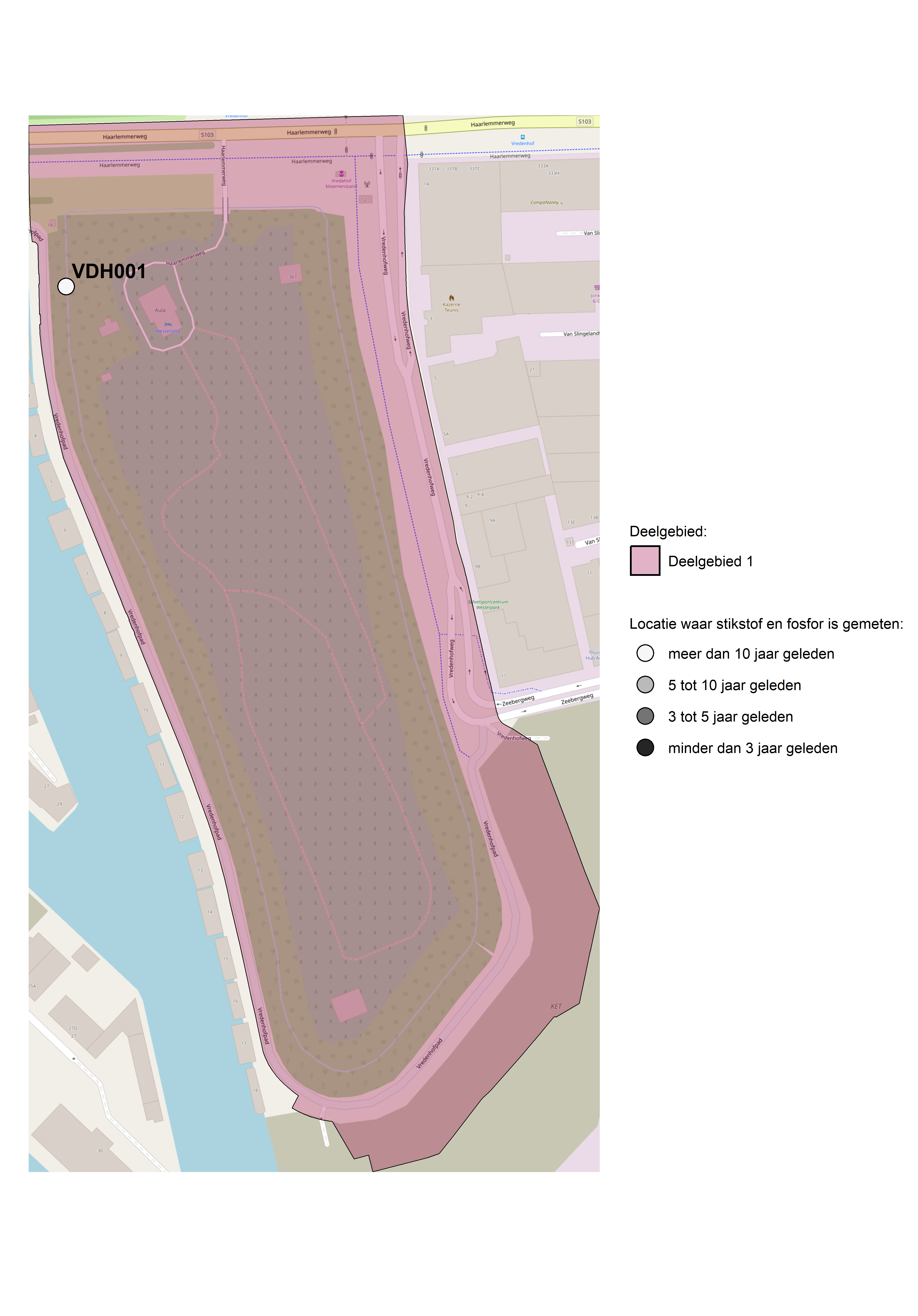 Figure 1: Kaart met meetlocaties waar stikstof en fosfor zijn gemeten. Het laatste meetjaar waarin een locatie is bemonsterd, is weergegeven in verschillende tinten grijs.