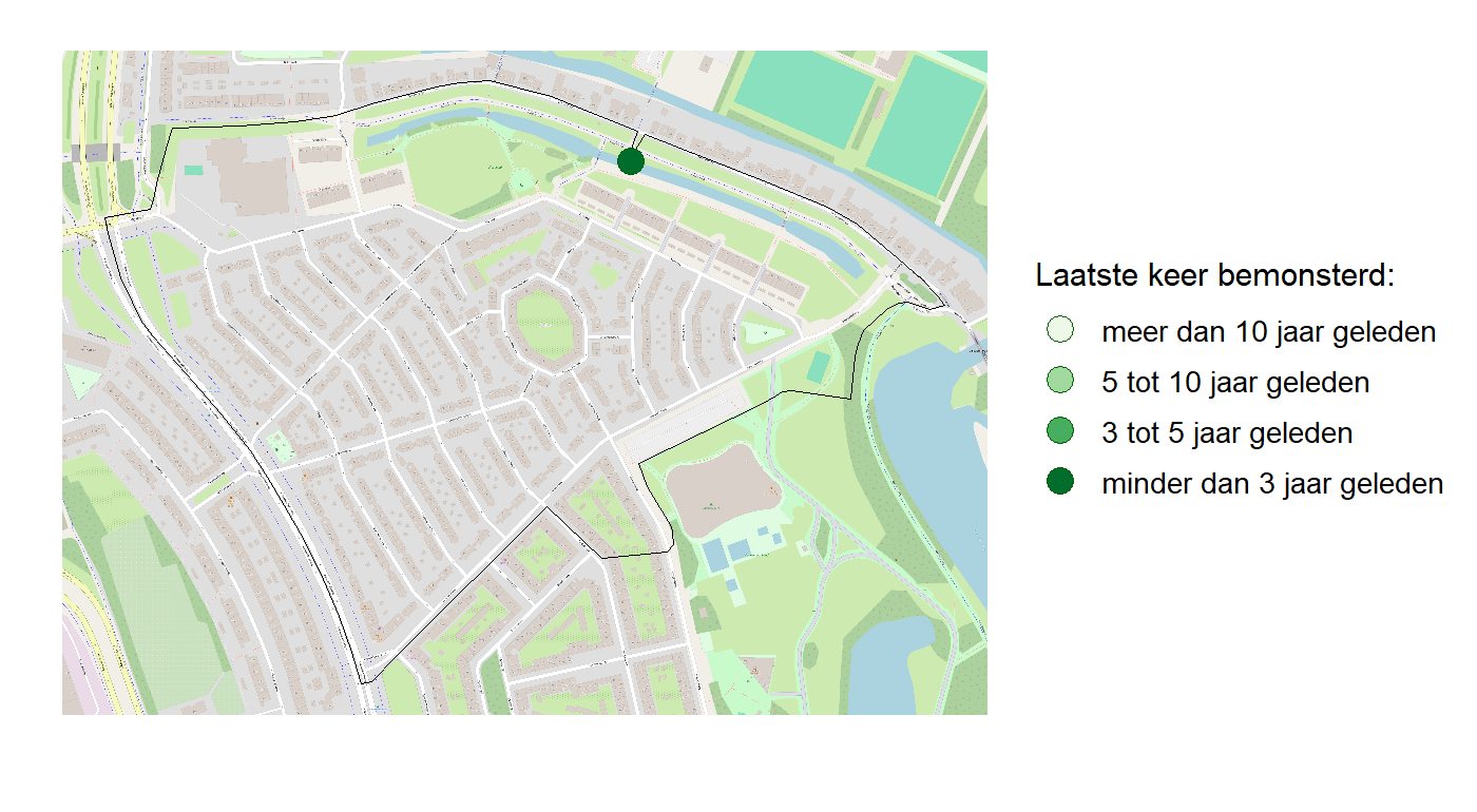 Kaart met meetlocaties waar waterplanten worden gemeten (groene stippen). Het laatste meetjaar waarin een locatie is bemonsterd is weergegeven in verschillende tinten groen.