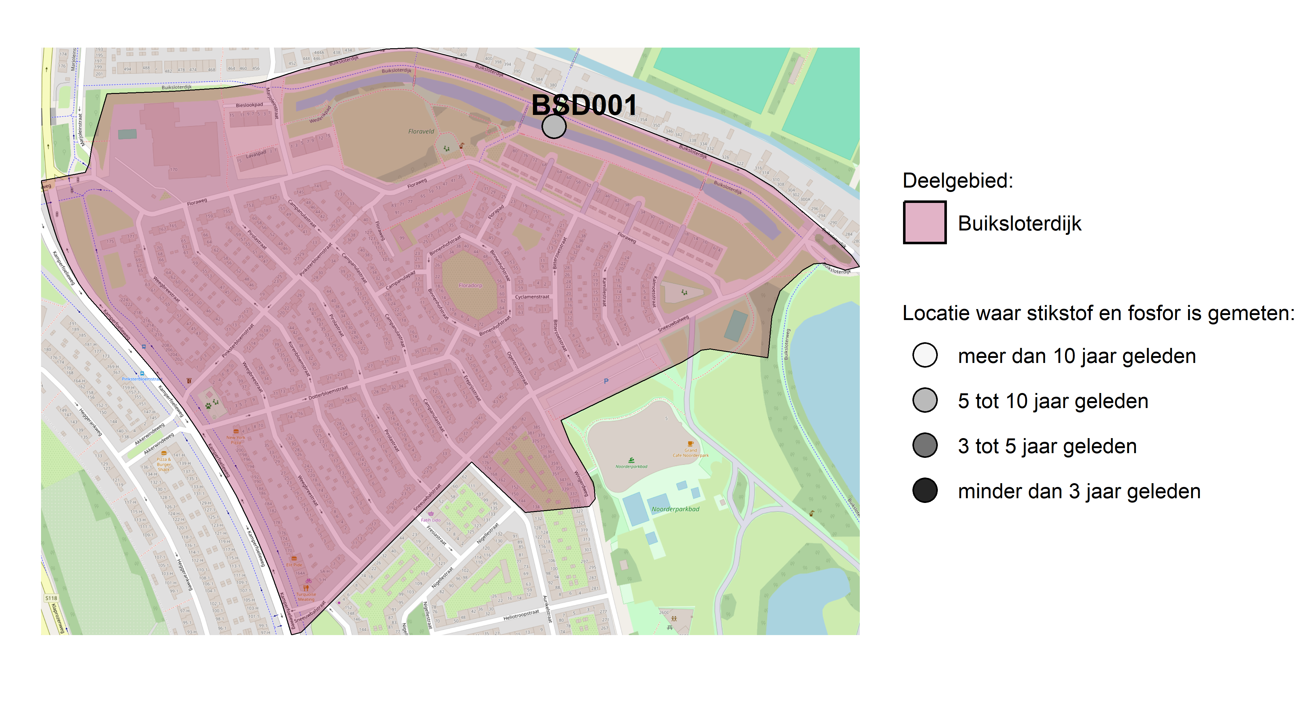 Figure 1: Kaart met meetlocaties waar stikstof en fosfor zijn gemeten. Het laatste meetjaar waarin een locatie is bemonsterd, is weergegeven in verschillende tinten grijs.