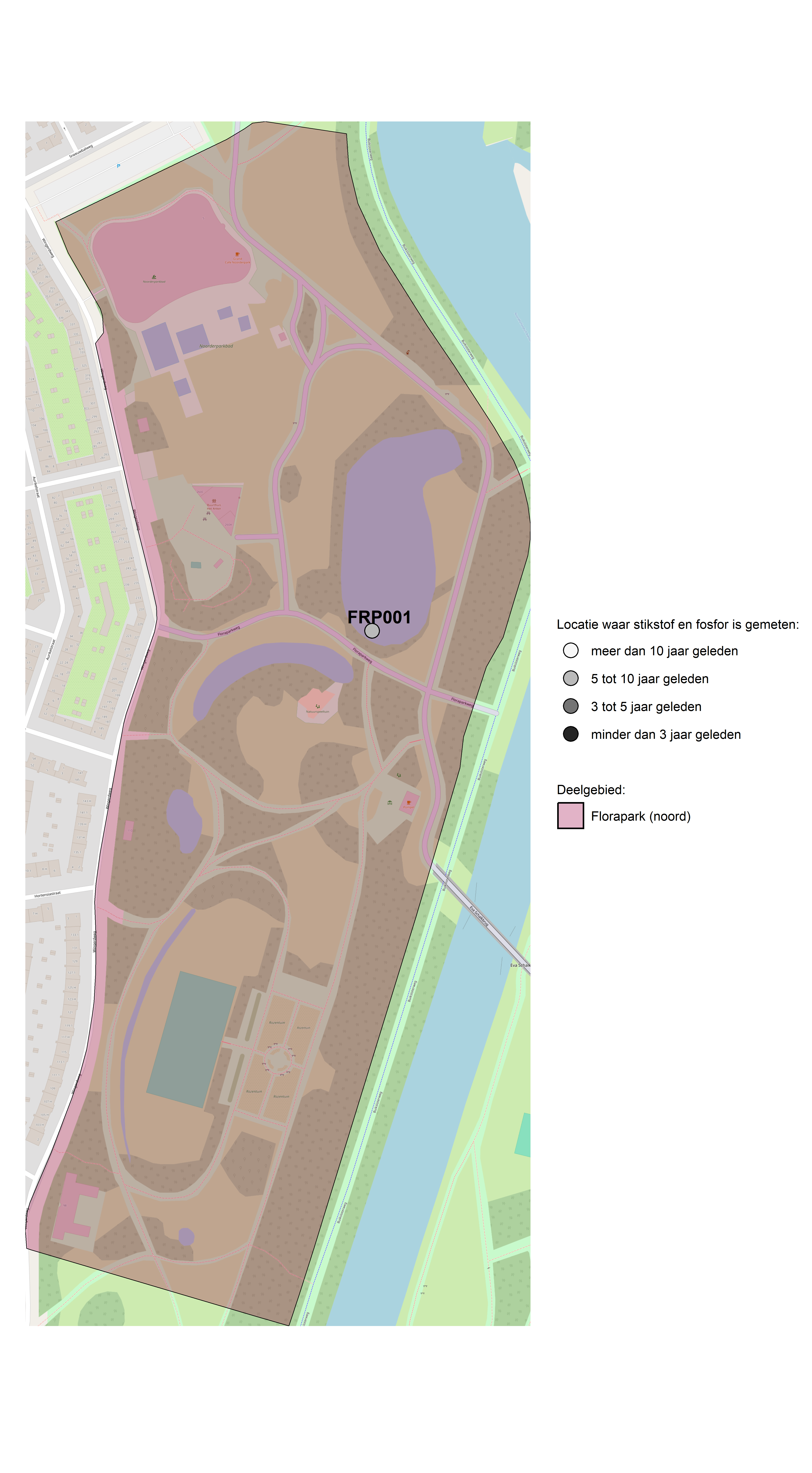 Figure 1: Kaart met meetlocaties waar stikstof en fosfor zijn gemeten. Het laatste meetjaar waarin een locatie is bemonsterd, is weergegeven in verschillende tinten grijs.