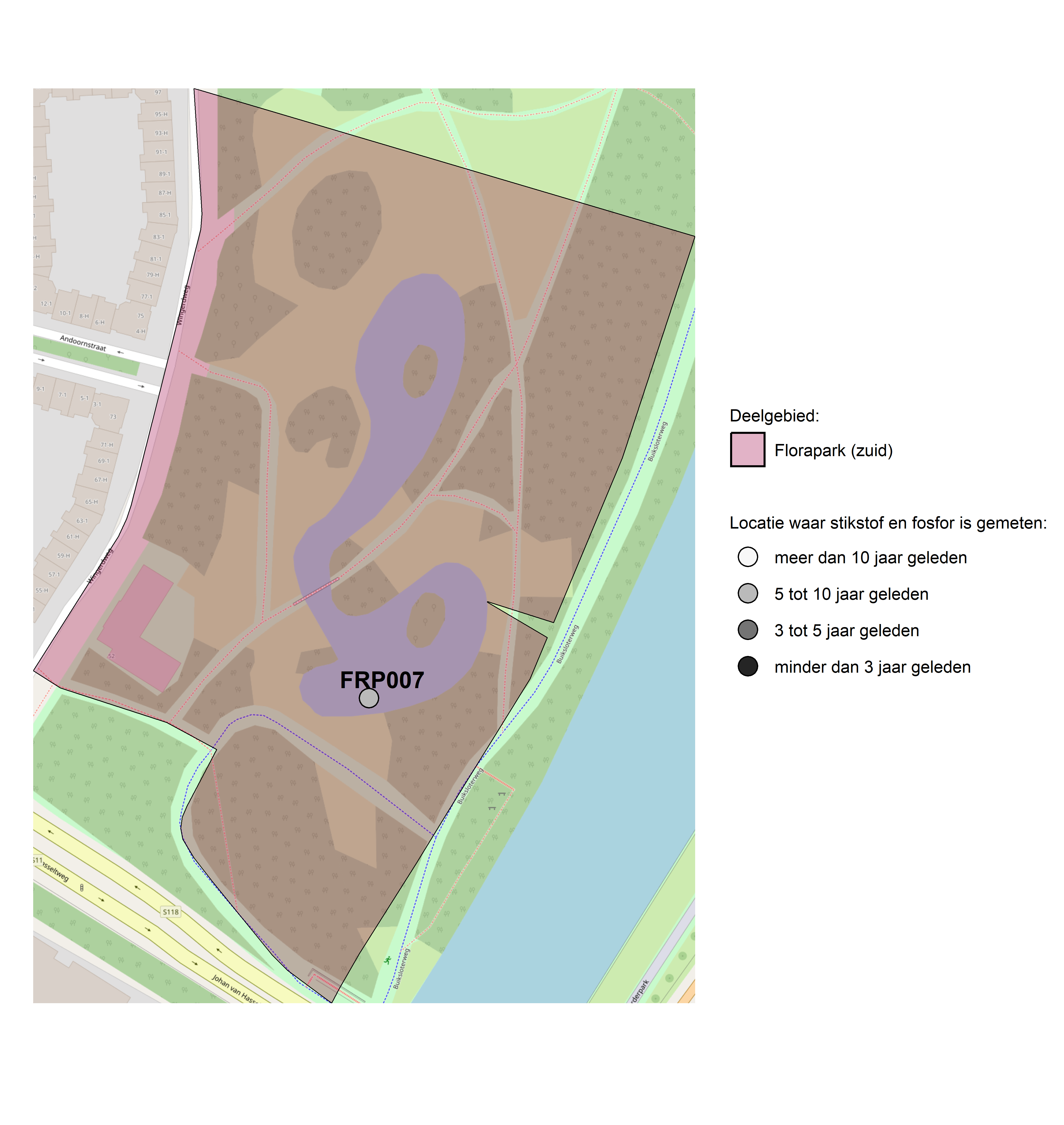 Figure 1: Kaart met meetlocaties waar stikstof en fosfor zijn gemeten. Het laatste meetjaar waarin een locatie is bemonsterd, is weergegeven in verschillende tinten grijs.