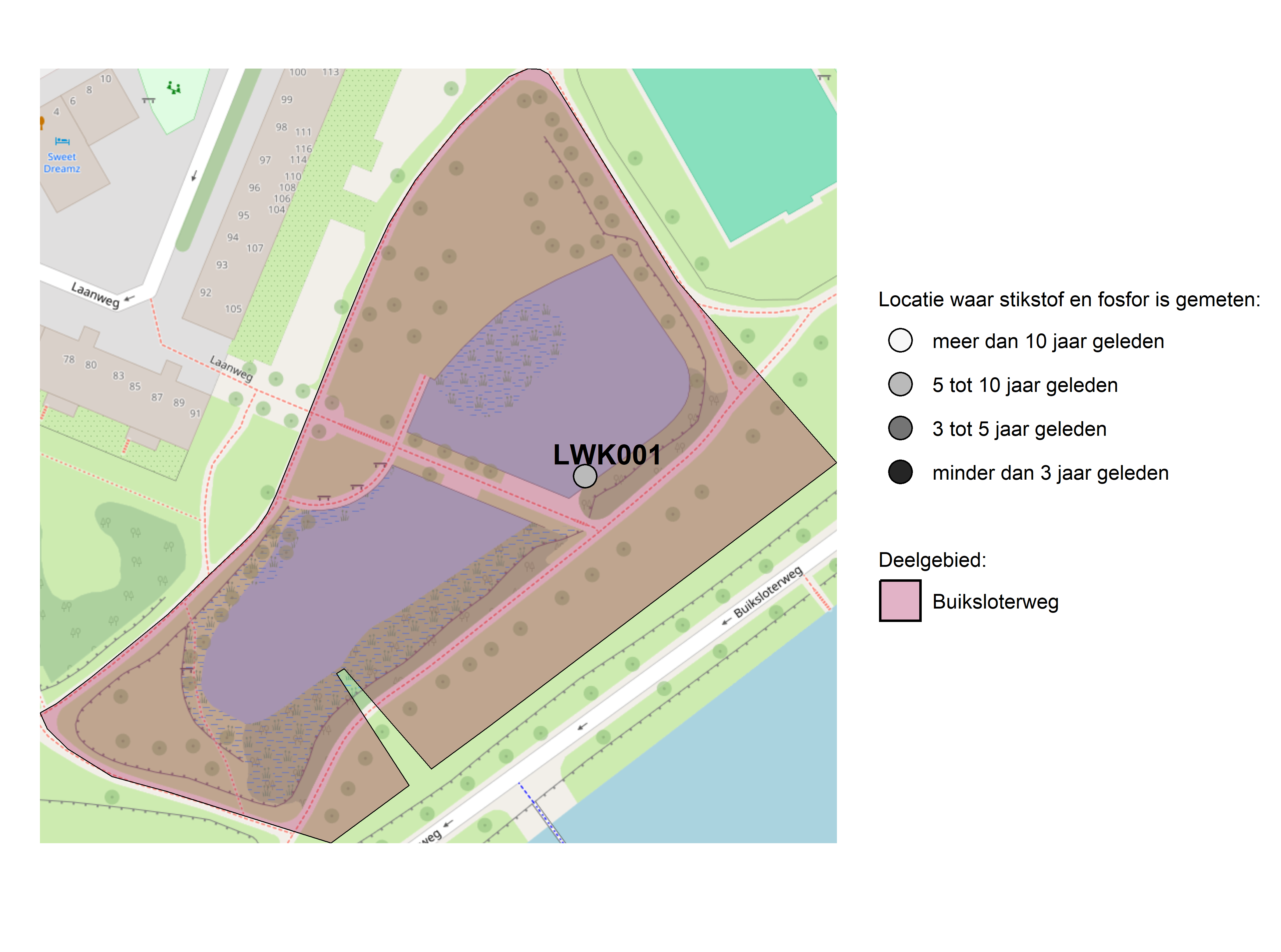 Figure 1: Kaart met meetlocaties waar stikstof en fosfor zijn gemeten. Het laatste meetjaar waarin een locatie is bemonsterd, is weergegeven in verschillende tinten grijs.