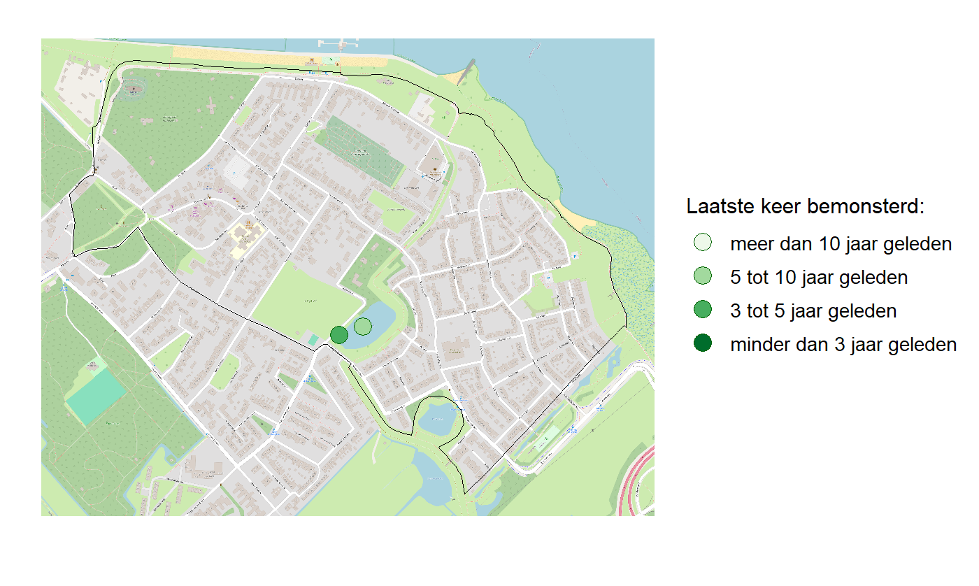 Kaart met meetlocaties waar waterplanten worden gemeten (groene stippen). Het laatste meetjaar waarin een locatie is bemonsterd is weergegeven in verschillende tinten groen.